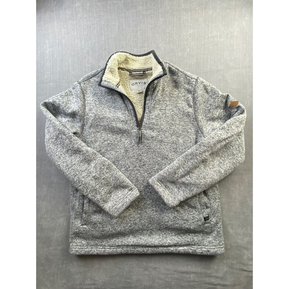 Orvis Mens Grey Marl Sherpa Lined Quarter Zip Pullover Sweater Medium